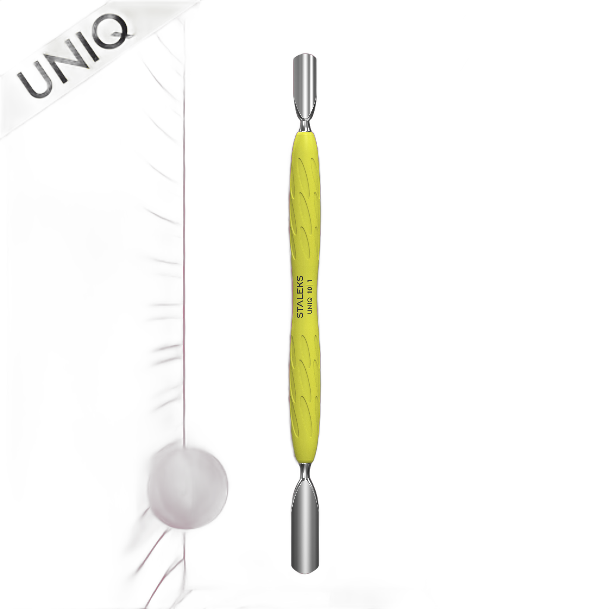 Лопатка маникюрная Gummy с желтой силиконовой ручкой UNIQ 10 TYPE 1 (пушер скругленный широкий и скругленный узкий)