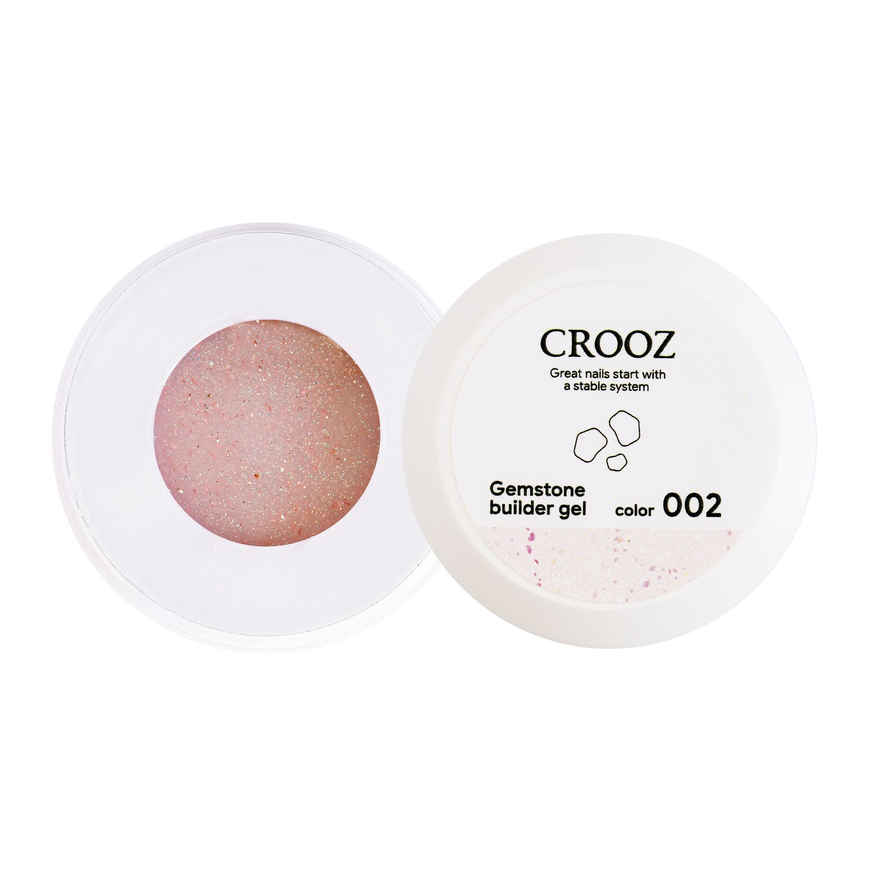 Crooz Гель для нарощування Gemstone Builder gel №02 Ледве помітна рожева основа, ближче до молочно-білого кольору з ніжно-рожевими блискітками та поталлю15 мл