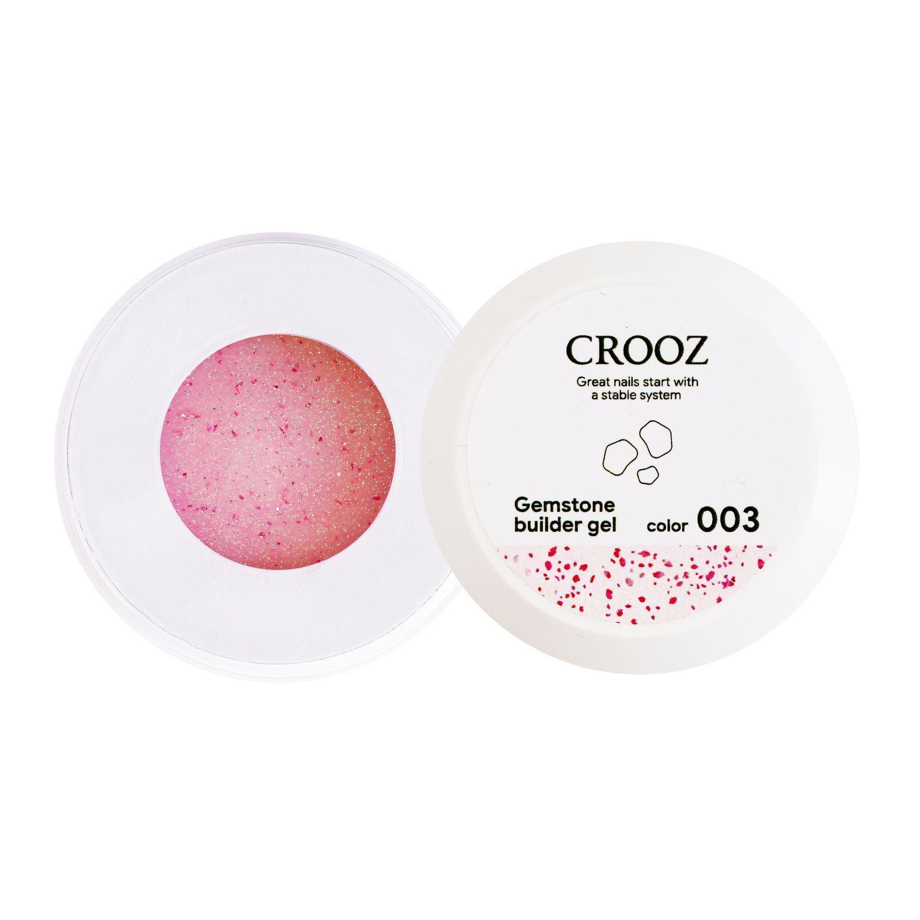 Crooz Extension Gel Gemstone Builder Gel №03 Light pink base, closer to pink-milky, with shimmer and pink foil leaf 15 ml