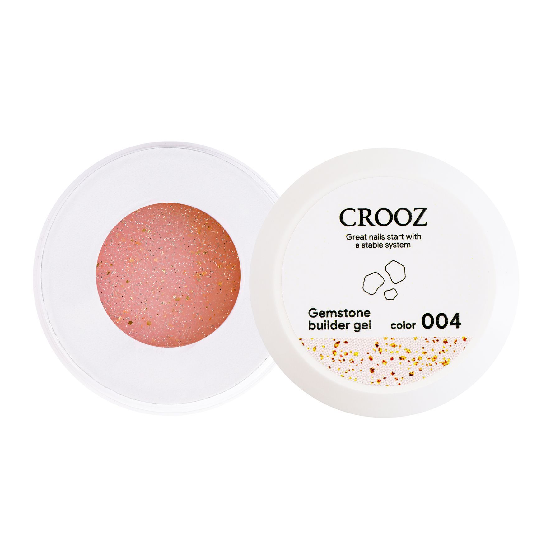 Crooz küünte pikendusgeel Gemstone Builder Gel №04 Piimjas virsikutoon delikaatse säraga ja kuldsete fooliumikübemetega 15 ml