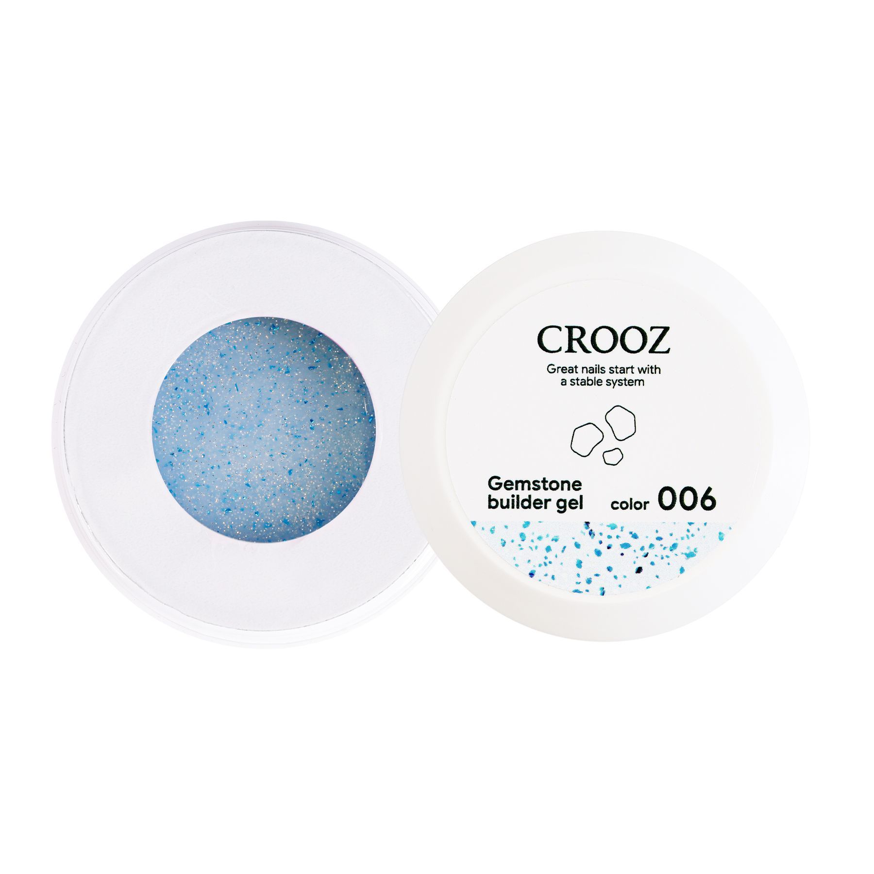 Crooz Extension Gel Gemstone Builder Gel №06 Milky blue base with shimmer and blue decorative inclusions — foil leaf 15 ml