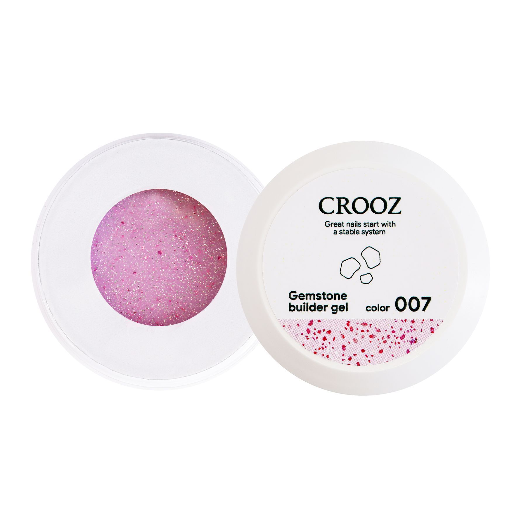 Crooz Гель для нарощування Gemstone Builder gel №07 Рожево-молочна напівпрозора основа, з шиммером та яскраво-рожевою поталлю 15 мл