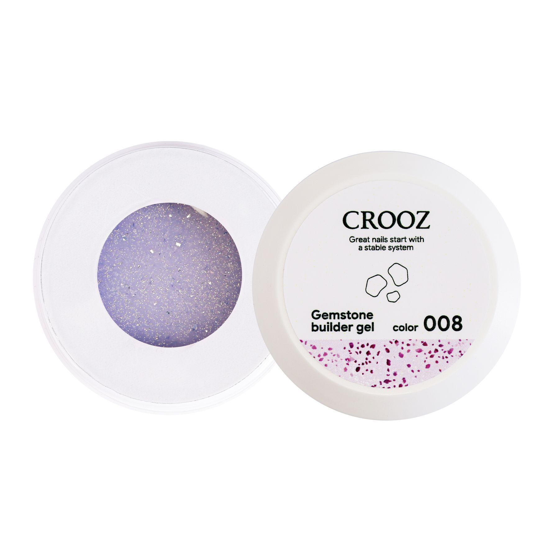 Crooz Гель для нарощування Gemstone Builder gel №08 Основа світло-лавандова з шиммером та вкрапленням фіолетової поталі 15 мл