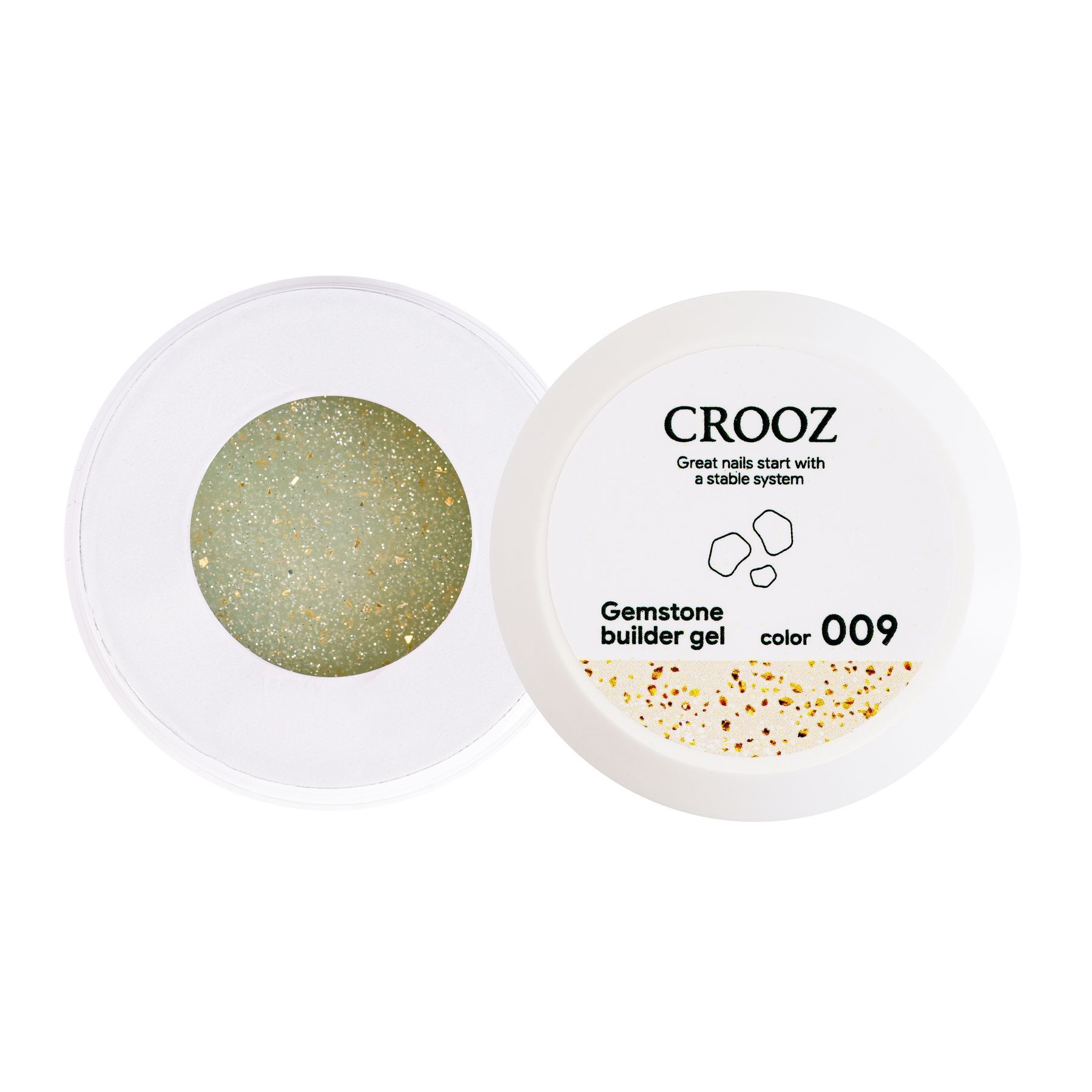Crooz Гель для нарощування Gemstone Builder gel №09 Світла жовто-молочна основа, з легким фісташковим відливом та шиммером і золотою поталлю 15 мл