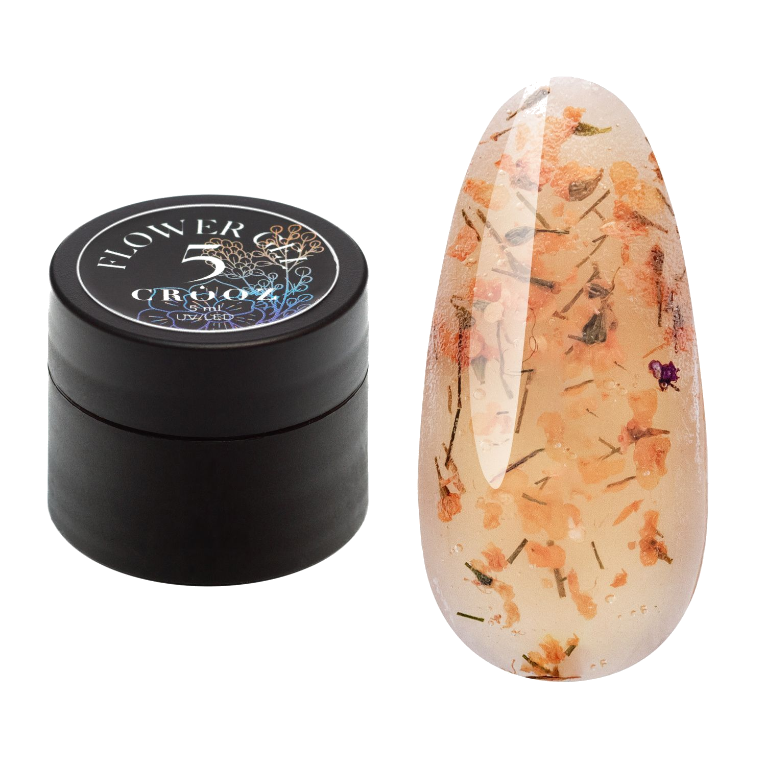 Crooz Flower Gel №5 – läbipaistev oranž geel kuivatatud lilledega