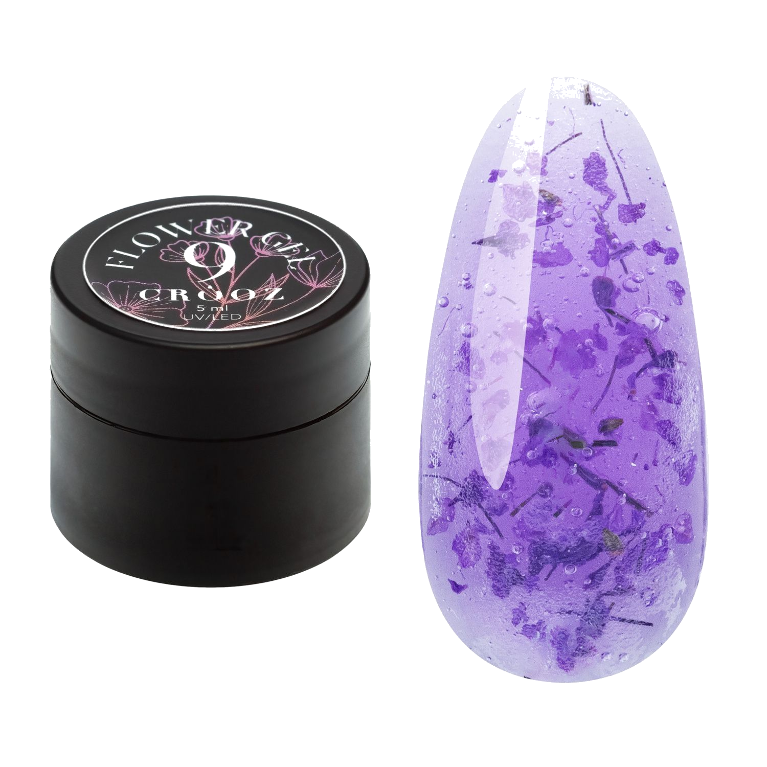 Crooz Flower Gel №9 – läbipaistev violetne geel kuivatatud lilledega