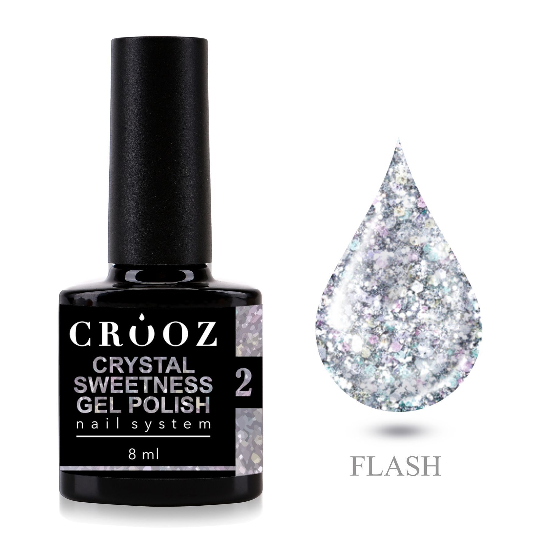 Crooz Crystal Sweetness 2 — hõbedane helkiv geellakk mitmevärviliste sädemetega