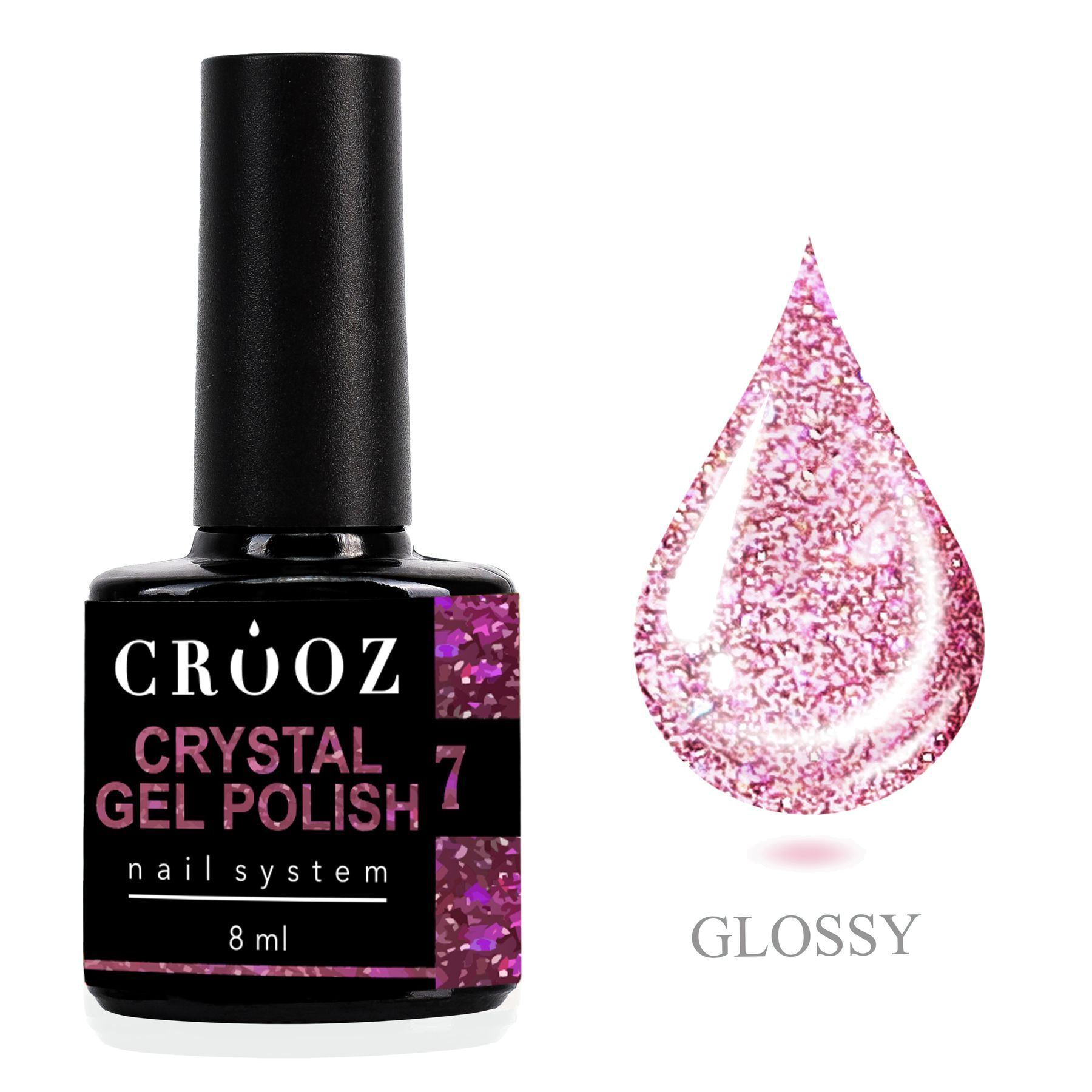 Crooz Crystal 7 – ярко-розовый светоотражающий гель-лак с шиммером и блёстками