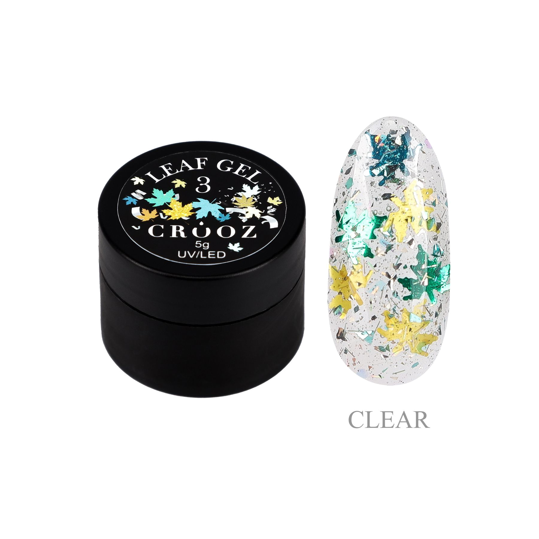 Crooz Leaf Gel 3 – прозрачный дизайн-гель с зелёными и синими листочками