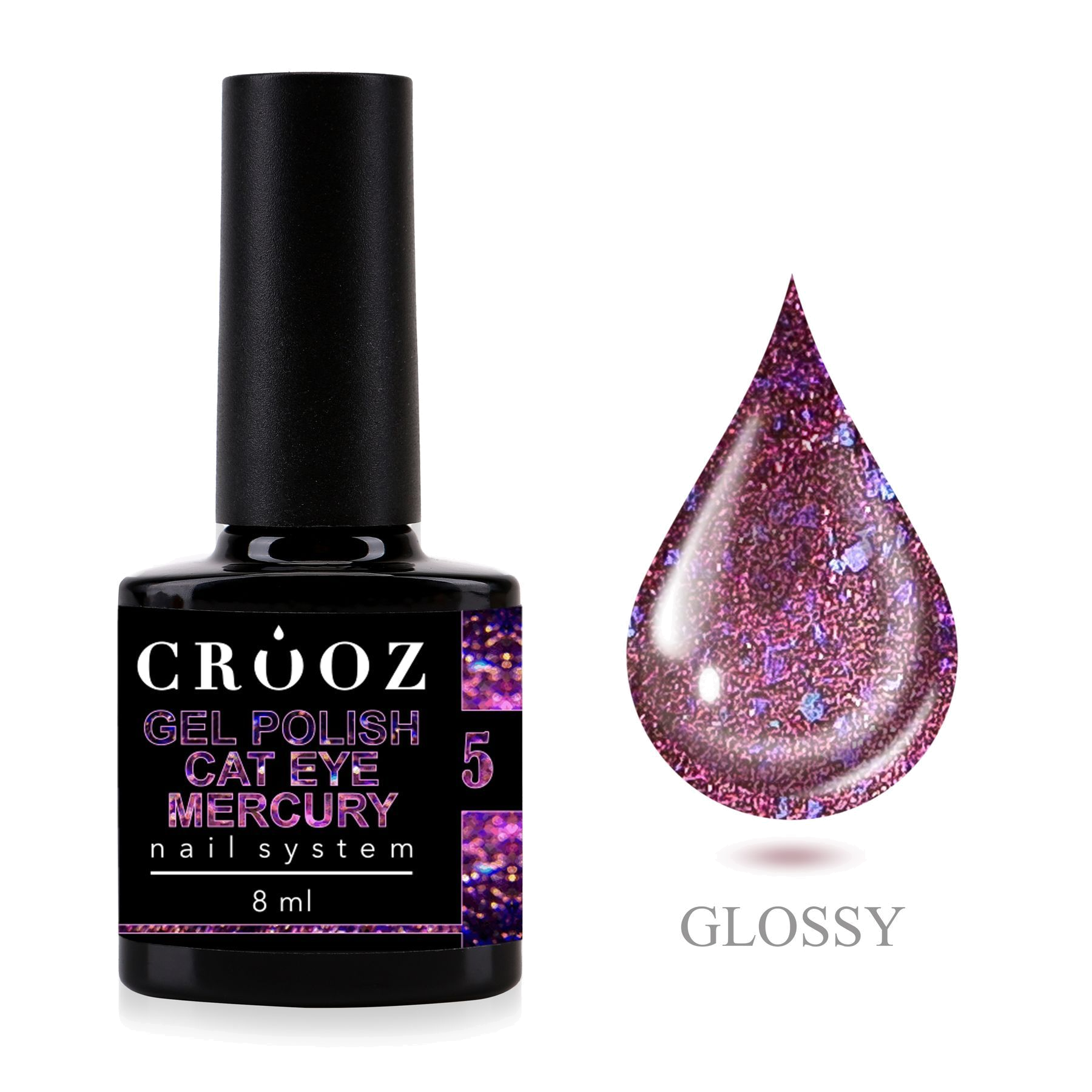 Crooz Cat Mercury 5 – розово-фиолетовый гель-лак с синей фольгой и эффектом кошачий глаз