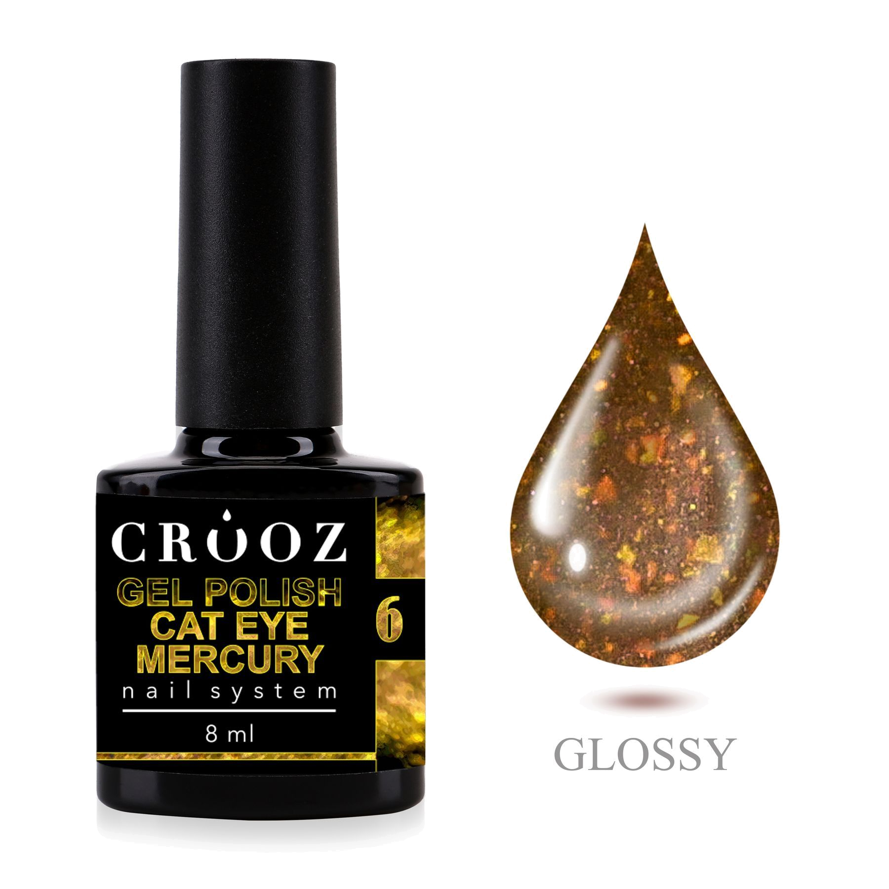 Crooz Cat Mercury 6 – золотисто-зелёный гель-лак с эффектом кошачий глаз