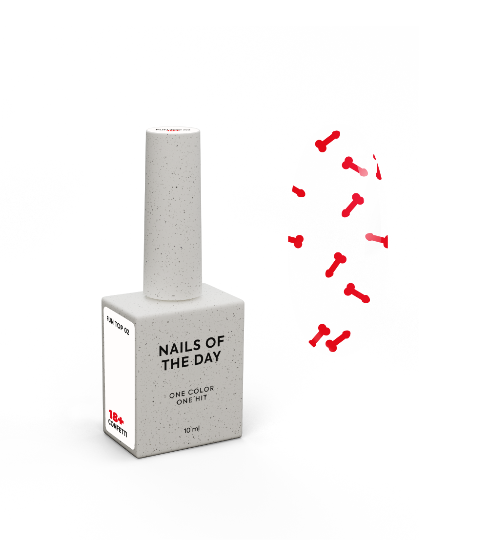 NAILSOFTDAY FUN! top 02 — läikiv pealispind ilma kleepuva kihita punase kunstdekooriga, 10 ml