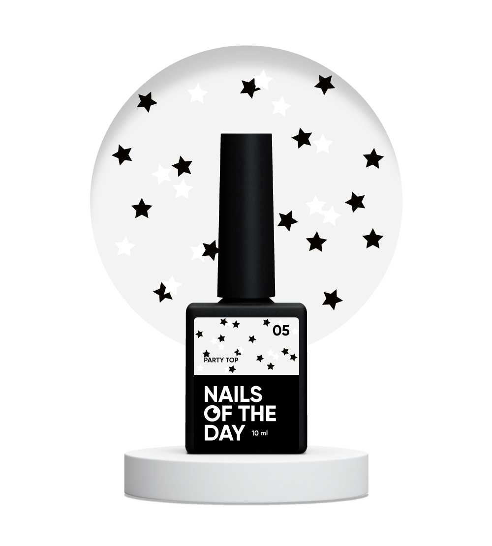 NAILSOFTHEDAY Party top 05 - läikiv pealispind ilma kleepuva kihita mustade ja valgete tähtedega, 10 ml