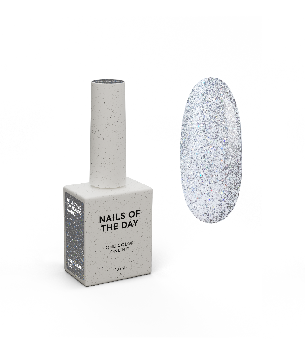 NAILSOFTHEDAY Helkurtop Holographic - hõbedane helkur holograafiline topp ilma kleepuva kihita küüntele, 10 ml