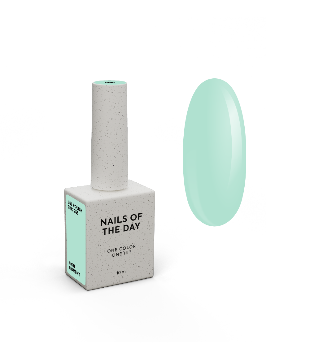 NAILSOFTHEDAY Geellakk Chic 253 — pastelne-türkiissinine ühes kihis kattuv geellakk, 10 ml