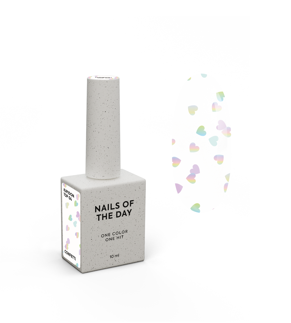 NAILSOFTHEDAY Kupidon top 04 — läikiv tops ilma kleepuva kihita holograafiliste südametega, 10 ml