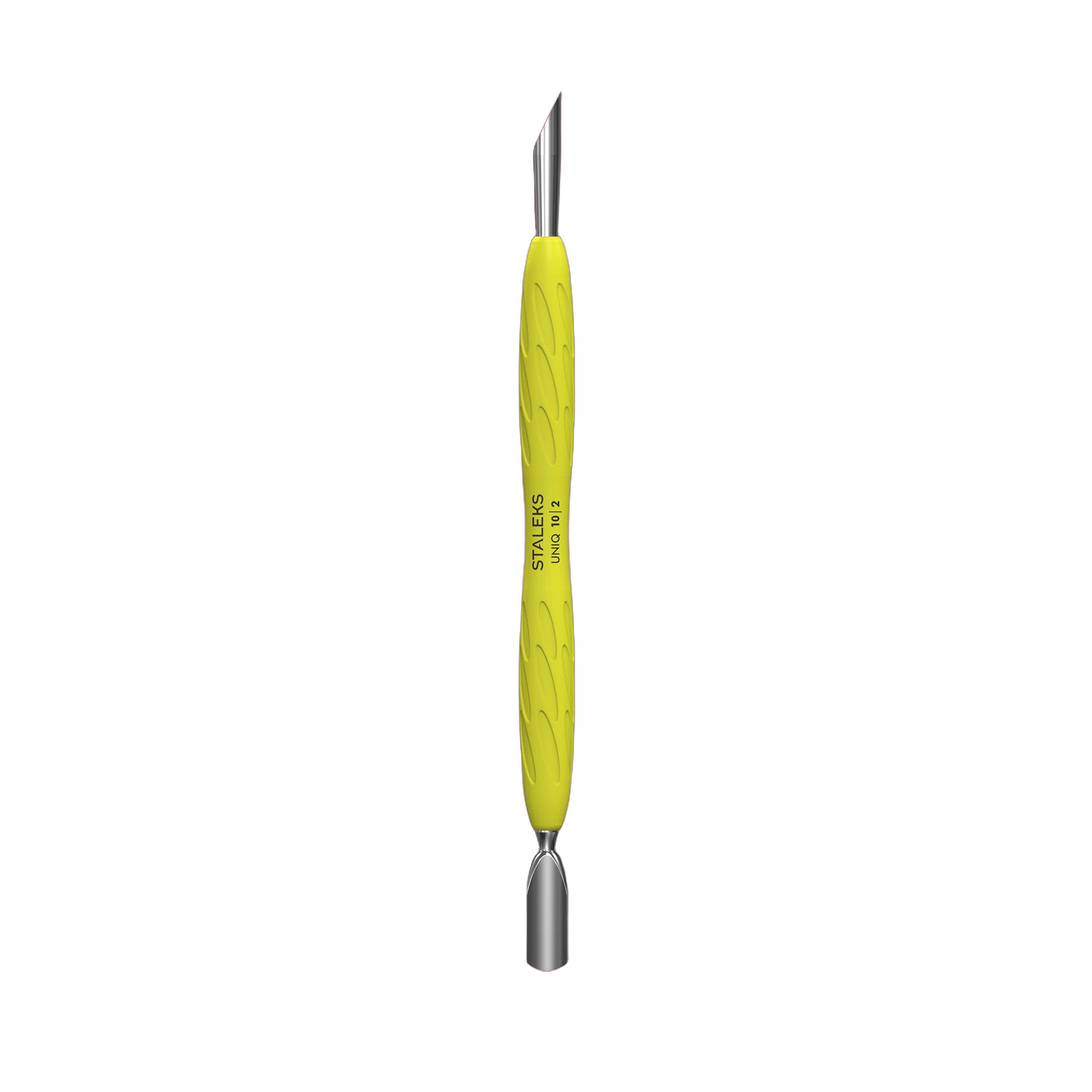 Manicure pusher Gummy with yellow silicone handle UNIQ 10 TYPE 2 (rounded narrow and beveled pusher)