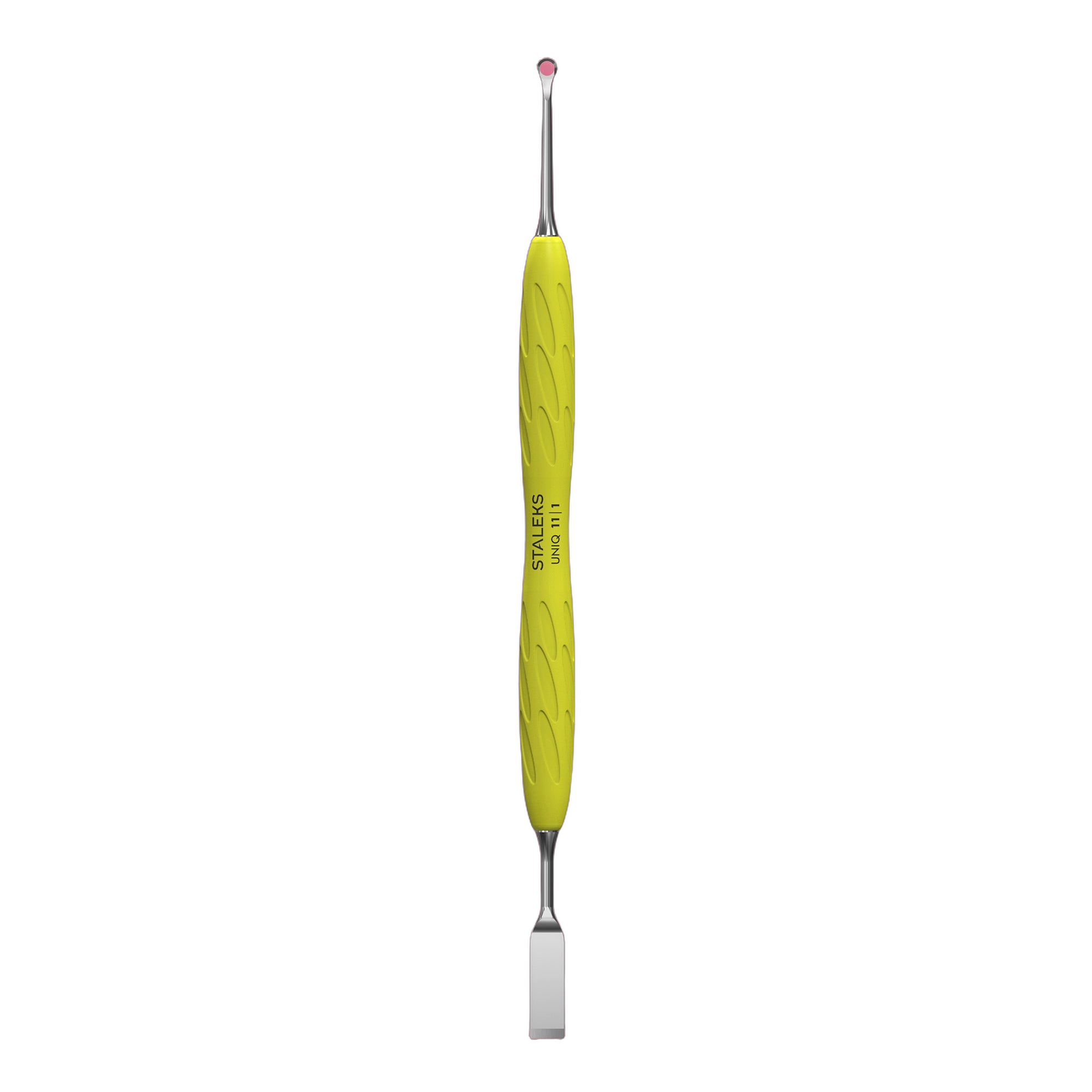 Manicure pusher Gummy with yellow silicone handle UNIQ 11 TYPE 1 (straight flat and loop pusher)