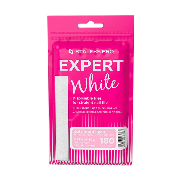 STALEKS PRO EXPERT 20 valkoista vaihtoviilaa suoralle kynsiviilalle | Pehmeä vaahtopohja | 180 Grit | 30 kpl
